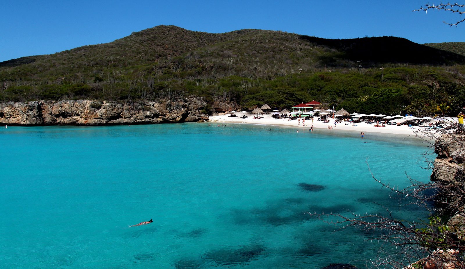 Free public beach at Playa Kenepa Grandi (Grote Knip) with cliffs and clear blue water