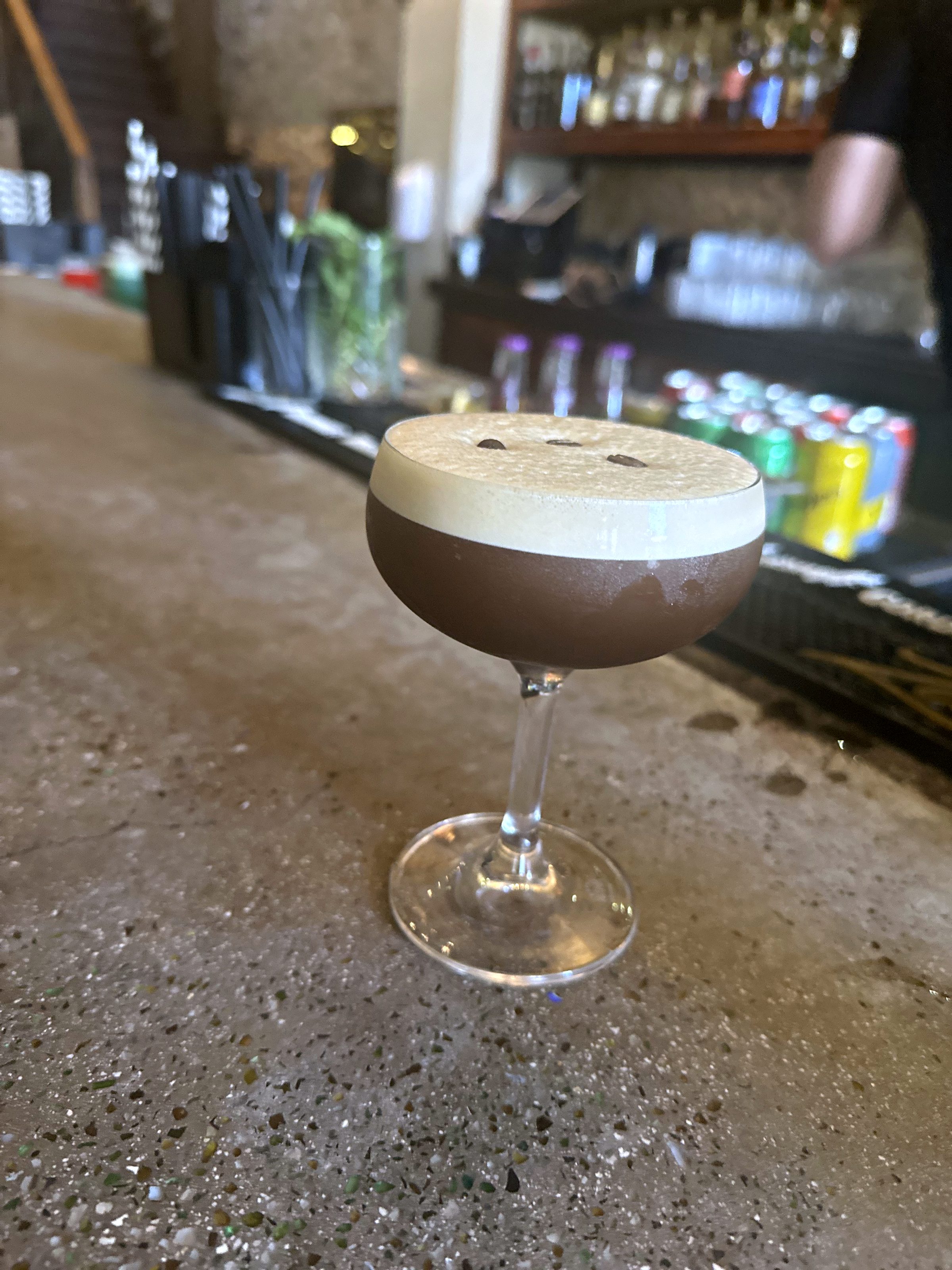 An espresso martini on the bar counter at Kome in Pietermaai, Willemstad
