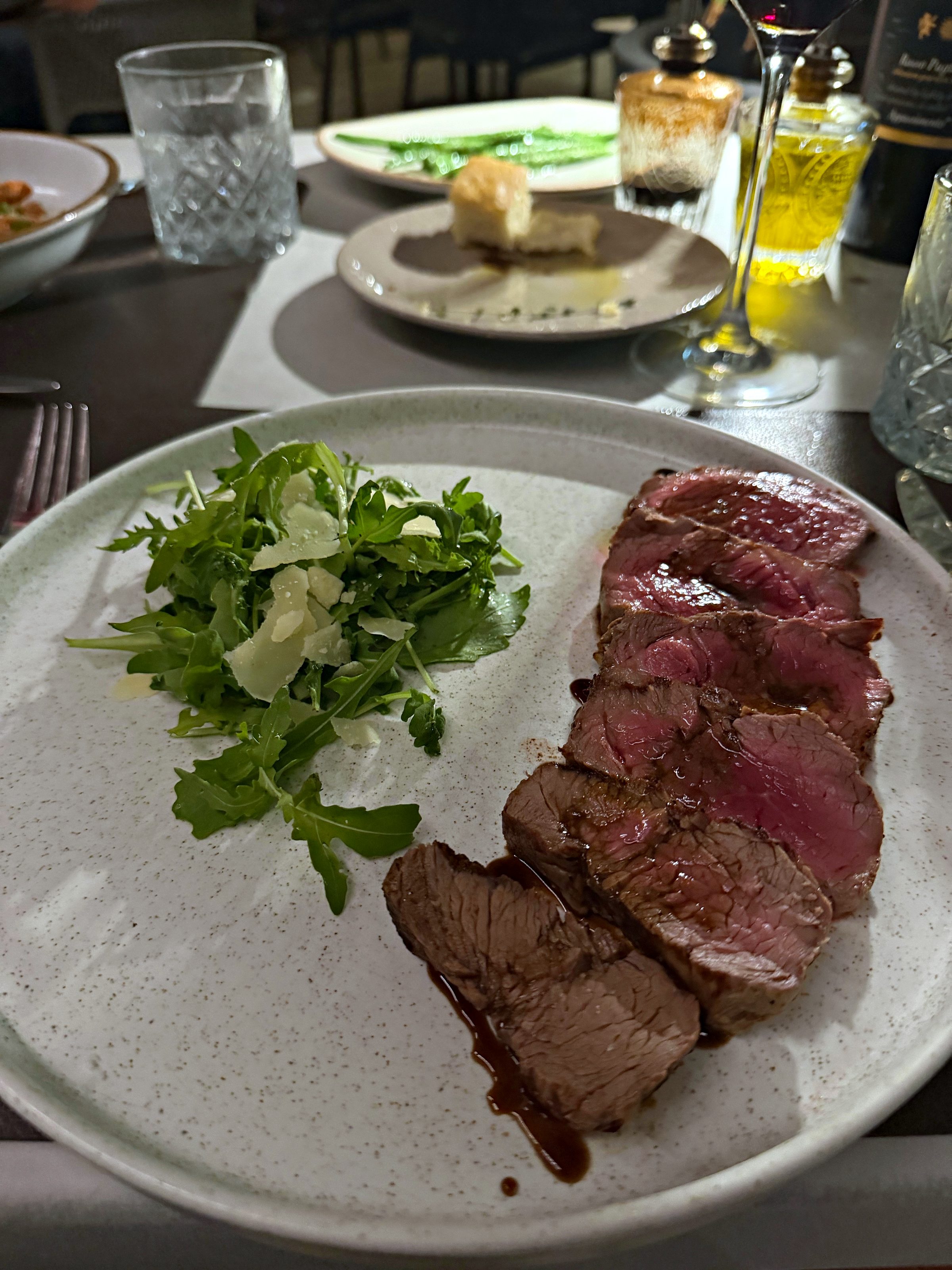 Sliced beef fillet tagliata with greens at Serafina